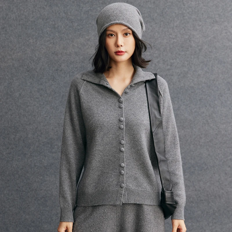 Ladies' Matching Set Autumn/Winter New 100% Pure Cashmere Cardigan High Neck Jacket Casual Solid Knitted Pants 2-Piece Set