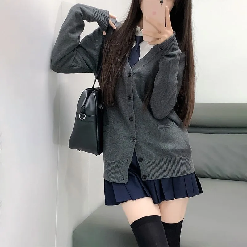 Sweet College Style Top Original Jk Uniform Set Coat Sweater Japanese College Style Knitted Grey Open Fleece Jacket