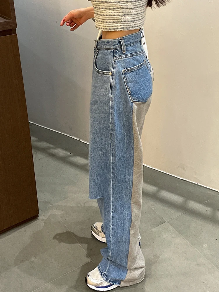 Stylish Patchwork Jeans Women 2023 New High Waist Wide Leg Baggy Jeans Vintage Fashion Holes Ripped Long Pants Female Trousers