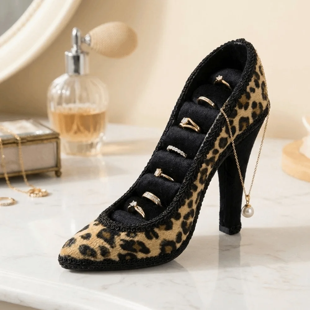 Creative High Heel Shoe Jewelry Holder Pink Lace Floral Print Jewelry Display Stand Multi-pattern Leopard Print