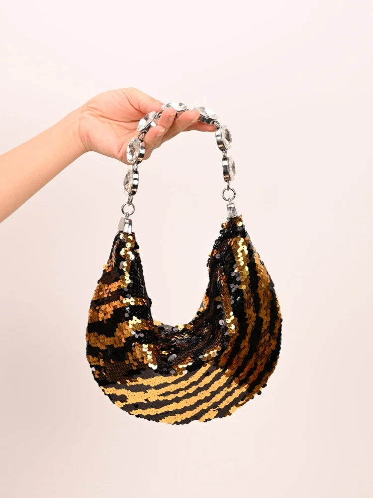 

Retro Luxury Shiny Sequins Half Moon Bag Women Elegant Evening Bag High-quality Blingbling Diamonds Studded Handbag