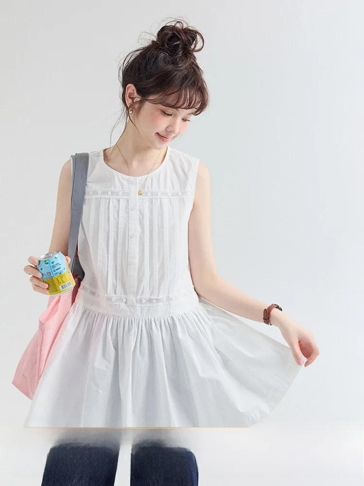 

AMUU Original Hollow out Splice Sleeveless Pure Cotton Women's Shirt Summer New Style Breathable Comfortable Korean Version