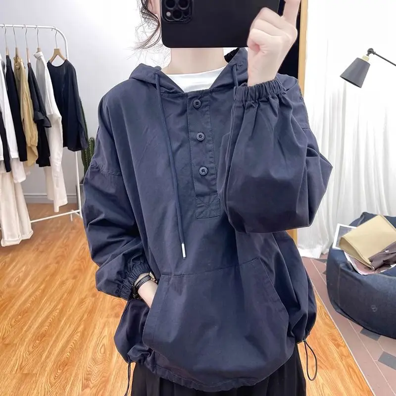 Spring And Autumn Cotton Loose Hooded Sports Shirt For Women 2024 Korean Retro Stand Collar Top Short Windbreaker Hoodie Top