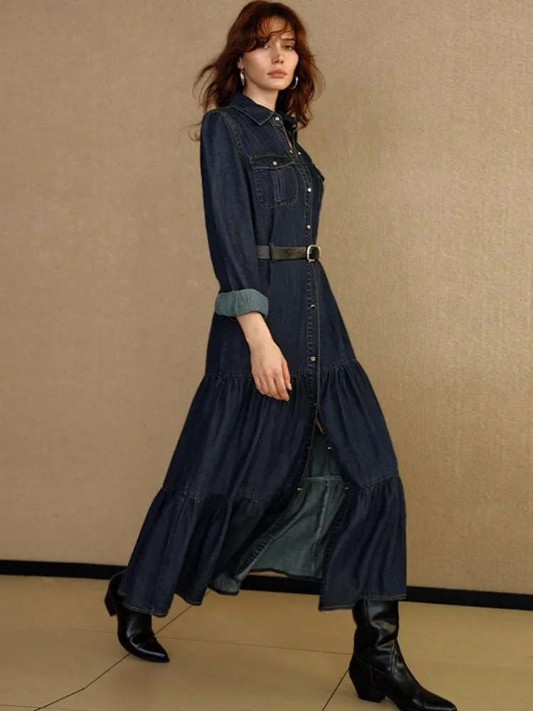 Abiti da festa retrò in denim moda primavera autunno Abito da donna sexy monopetto con risvolto Abito casual a maniche lunghe Boho