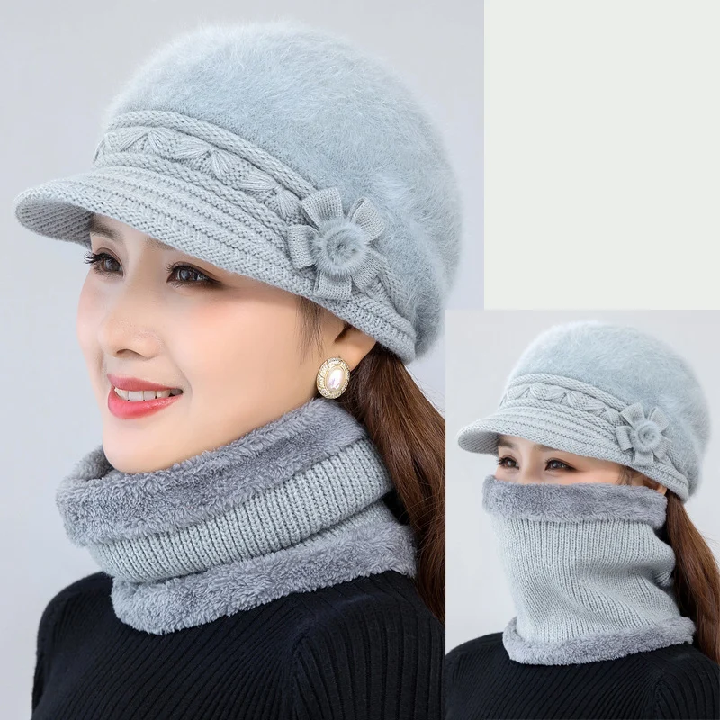 

New Winter Keep Warm Hats for Women Casual Faux Fur Flower Knitted Caps Add Fur Lined & Scarf Warm Set Hats