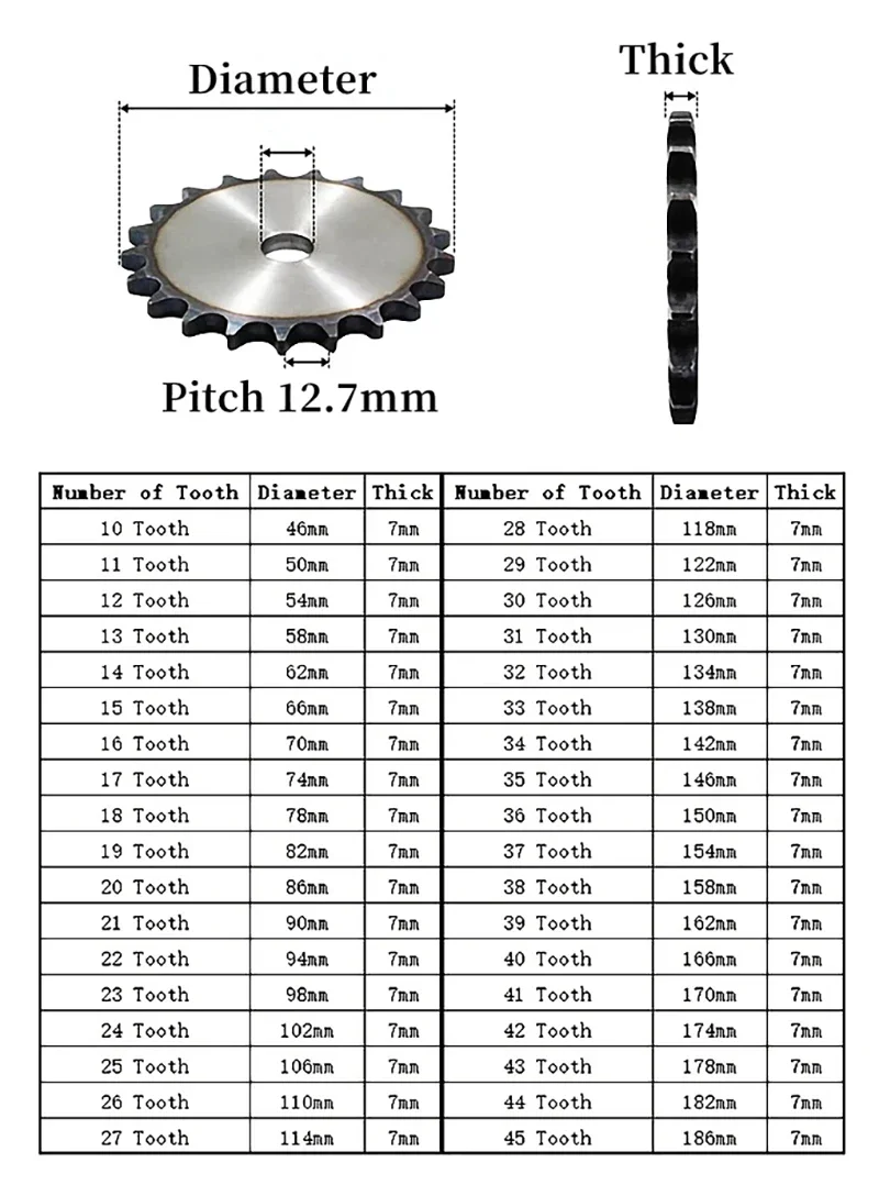 08B 10T-45T Pitch 12.7mm A3 Steel 7mm Thick Flat Sprocket Industrial Drive Chainwheel Surface Hardened