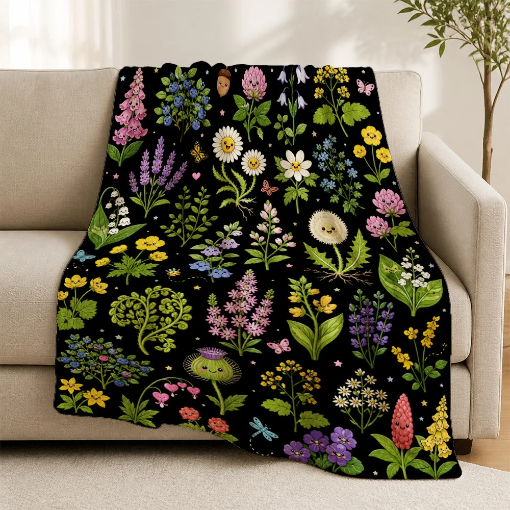 Deep Black Floral Pattern Throw Blanket Boho Cottagecore Botanical Sofa Cover Couch Decor Luxury Living Room Accent Gift