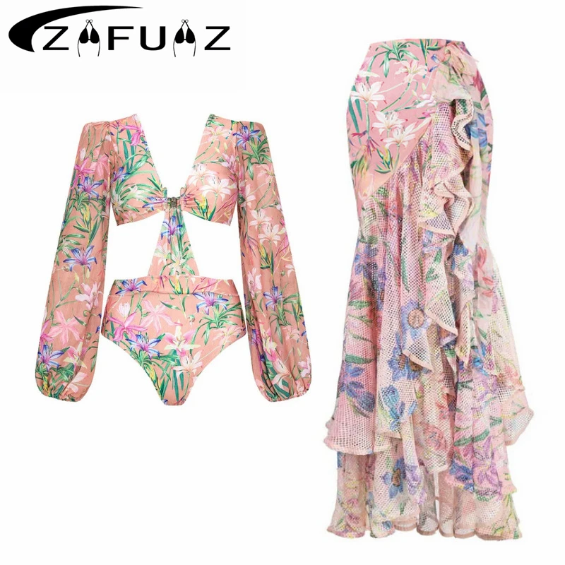 2025 One-piece Women's Swimsuit V-neck Mesh Patchwork Print Swimwear with Wrapped Skirt Two-piece Set Beach Bathing Suit Wear