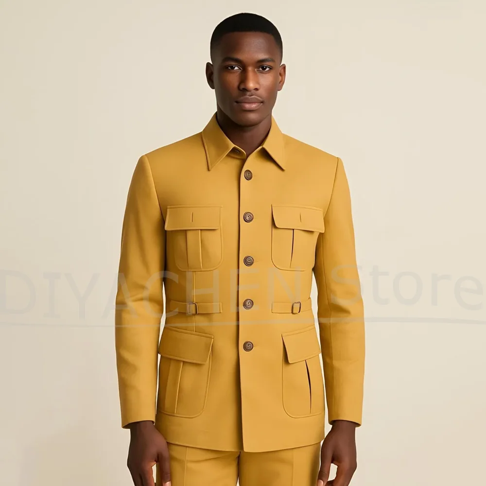 

Chic Men Suit 2 Piece Jacket Pants with Multi Pockets and Belt Details Fashion Formal Casual Business Wedding Party Tuxedo