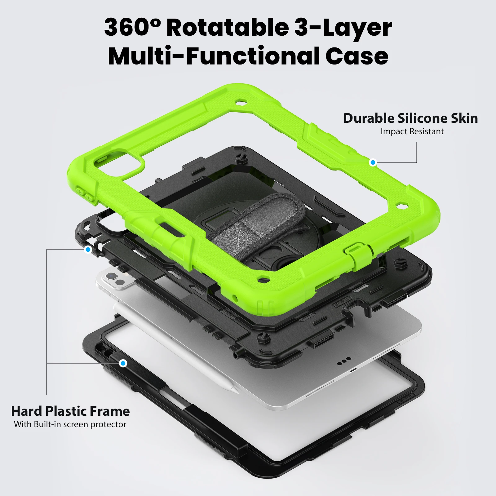Tablet Case for IPad Pro 11 M4 2024 A2837 A3006 M5 2025 3-Layer Shockproof Cover with Built-in Screen Protector Straps Pen Slot