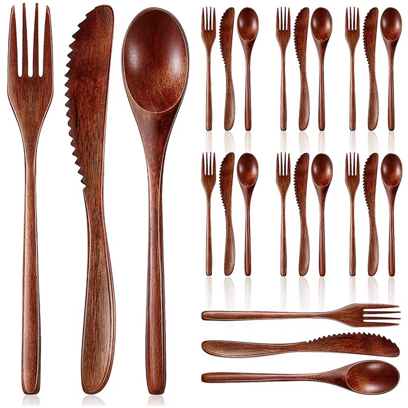 Wooden Spoon Fork Knife Cutlery Set Wooden Dinner Utensil Set Kitchen Wooden Flatware Tableware Cutlery Set (48 Pieces)