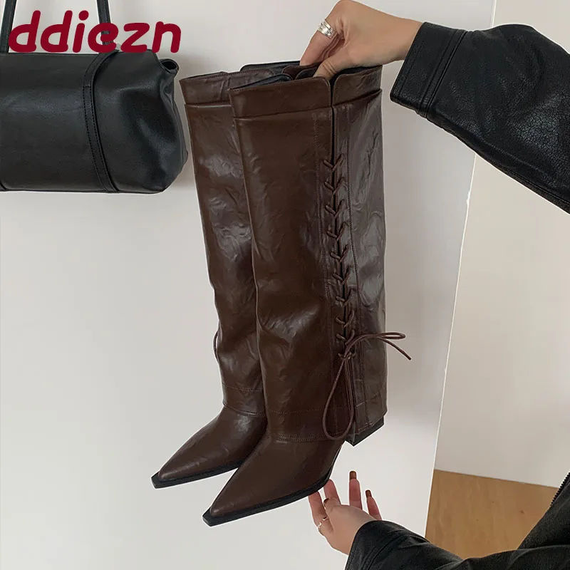 

Зима-Осень, модные женские сапоги до колена на шнуровке, обувь на каблуке, женские длинные современные сапоги с острым носком, женская обувь