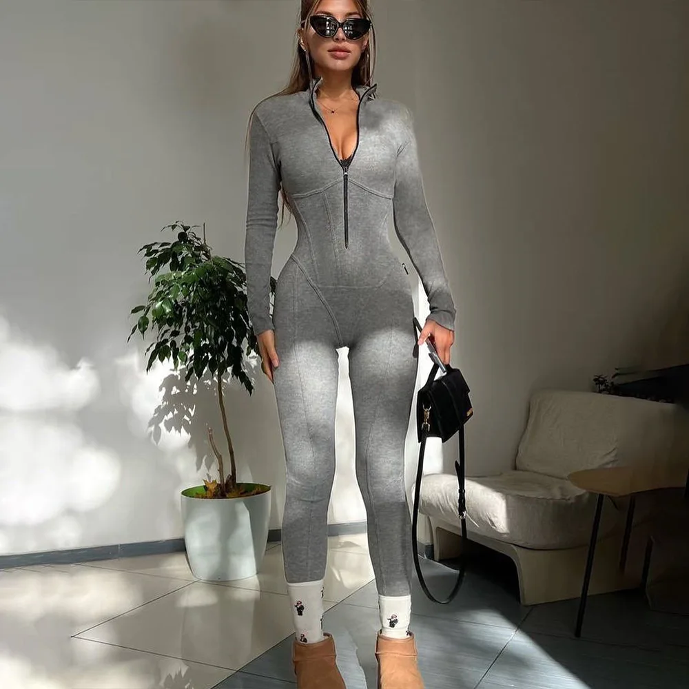 2024 sexy style solid color long-sleeved zipper leggings autumn and winter new round neck long bodysuit for women