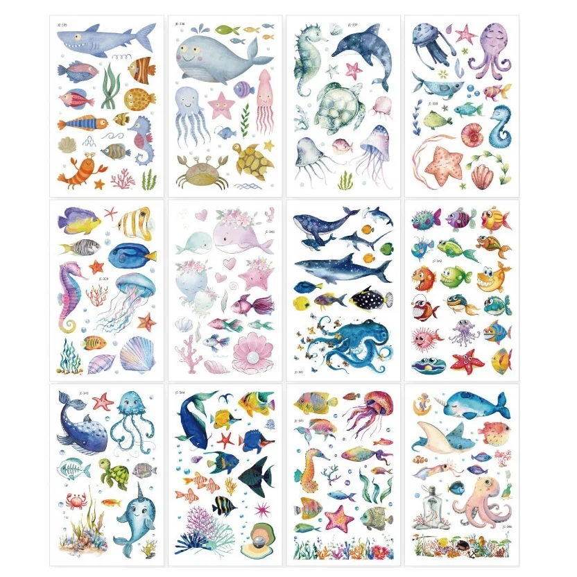 Waterproof Temporary Tattoos For Kids Cartoon Dolphins Whales Marine Fish Watercolor Fake Tattoo Stickers Disposable