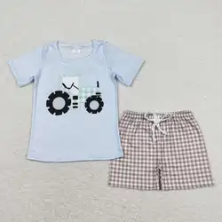New arrivals RTS kids clothing tractor whit plaid shorts set children summer outfit baby boy boutique clothes