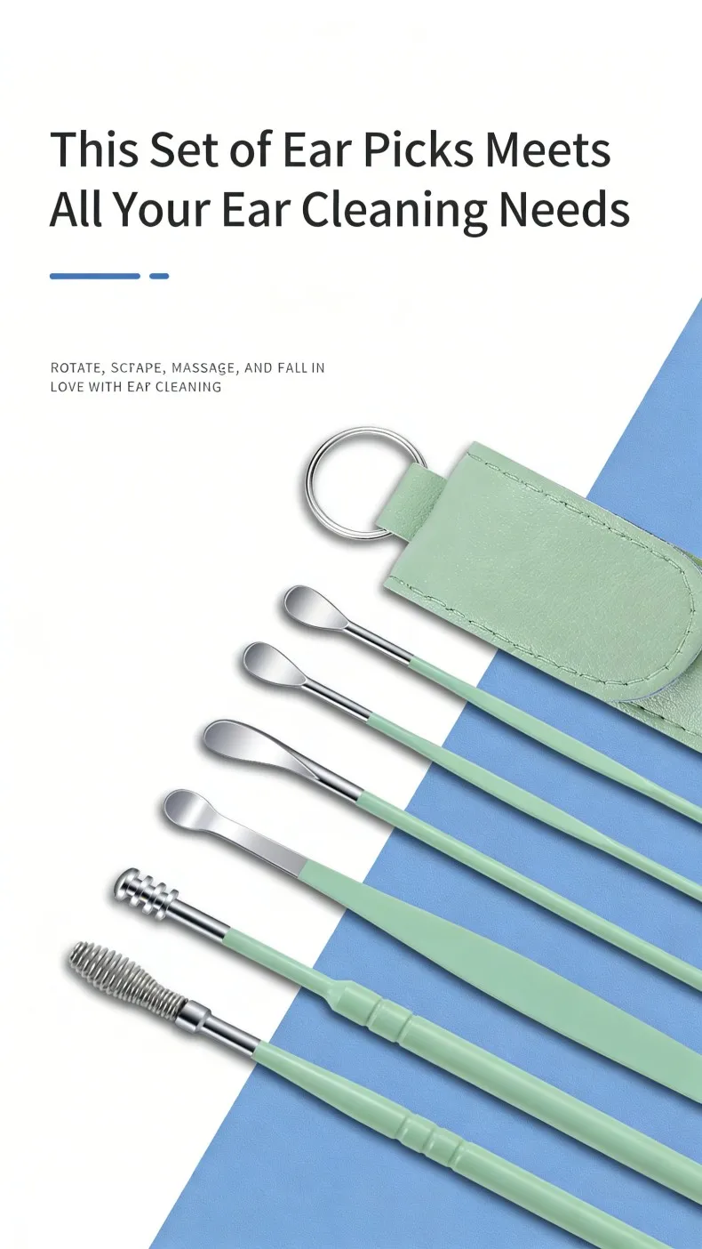 Earspoon Six-piece Ear-picking Tool Stainless Steel Ear-picking Spoon Leather Bag Ear-cleaning Spoon Easy to Carry at Home
