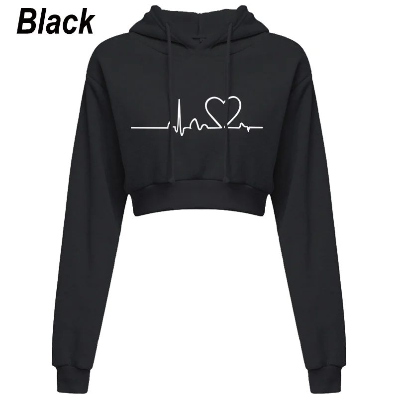 Women's short Hoodie casual long sleeve Hoodie sexy electrocardiogram printed short hoodies