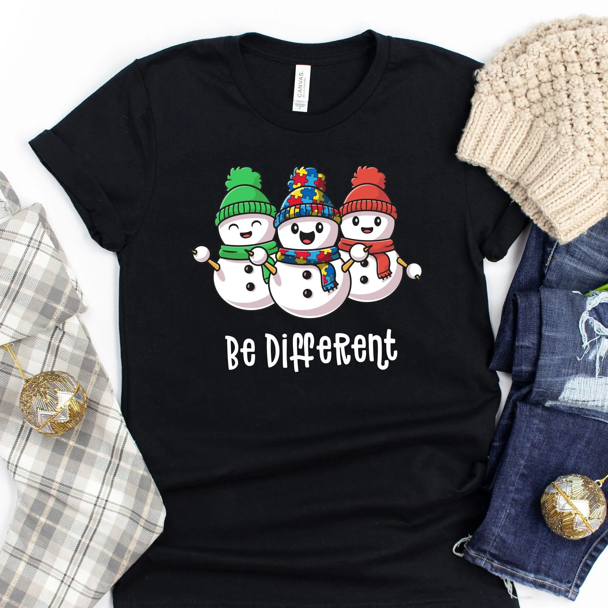 

Be Different T Shirt Christmas Autism Snowman Kindness Mama