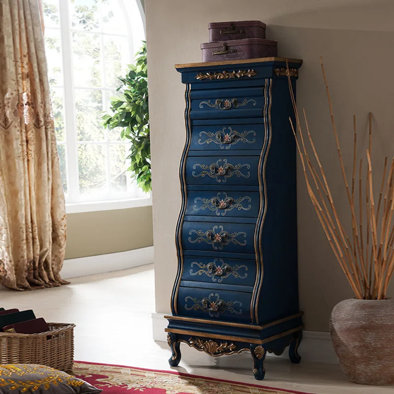 American blue seven-chest cabinet retro carved vertical cabinet storage cabinet living room side cabinet decorative cabinet bedr