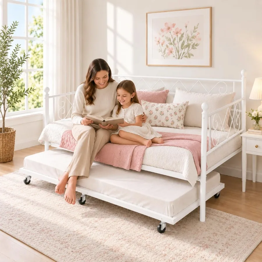 Daybed with Trundle, Heart‑Shaped Daybed with Trundle, Sturdy Metal Sofa Bed, Heavy-Duty Metal Bed Frame Support, for Living Ro view 6