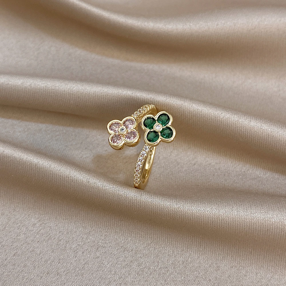 Dainty Two Clover Flower Open Cuff Ring Jewelry for Women Gold Plated Pink Green CZ Crystal Adjustable Statement Ring Gift