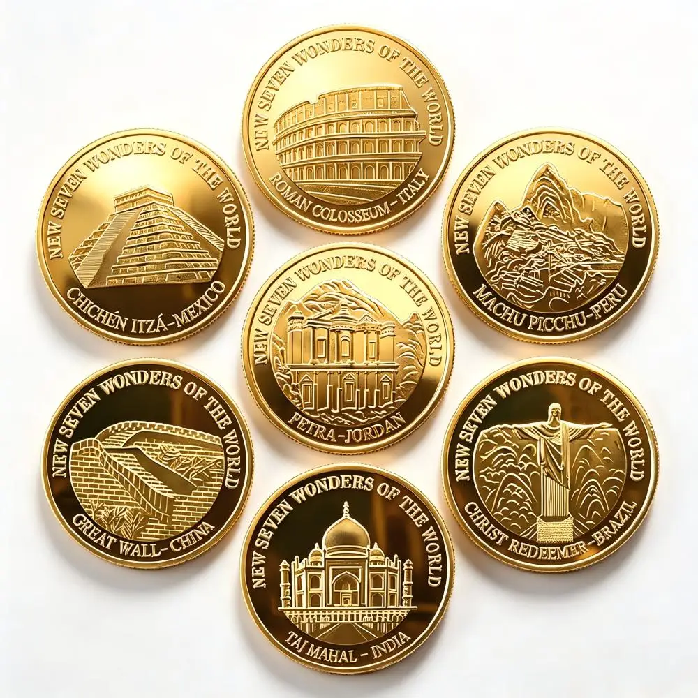 Gold Plated Medal New Seven Wonders 2007 World Map Relief Metal Medal Landmark Travel Souvenir For Hobby Collectors