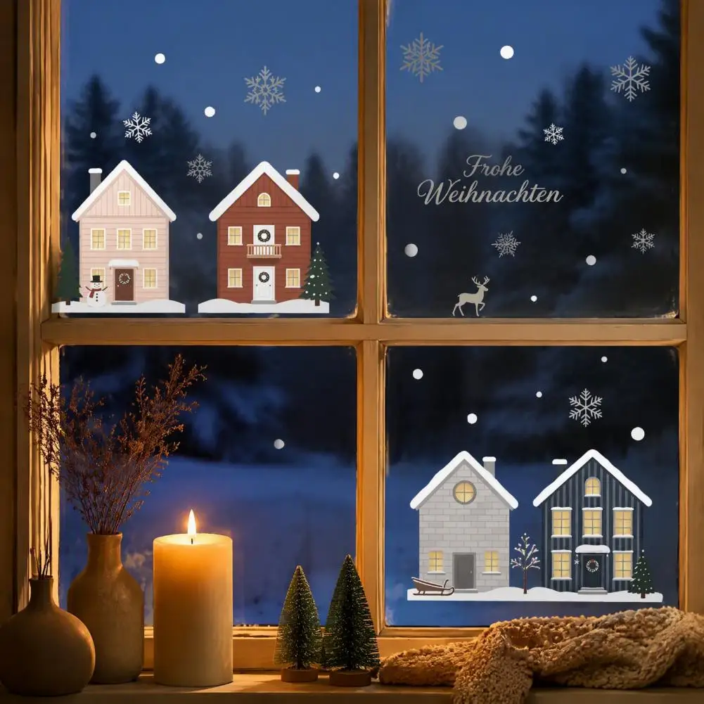 Static Glass Stickers Seasonal Window Art 2pcs Christmas Snowy House Window Clings Reusable Snowflake Deer Static Glass for Home