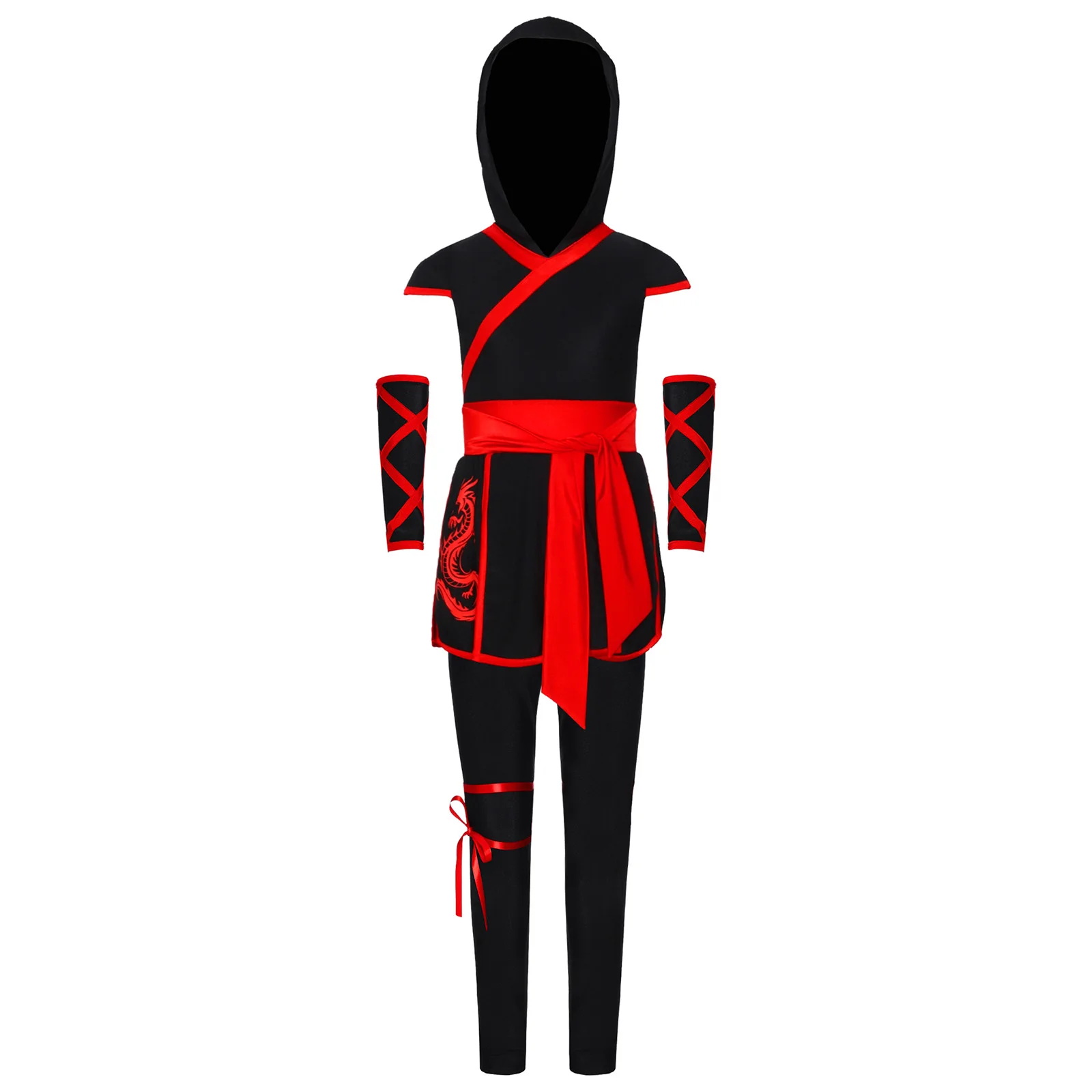 Disfraz de Kung Fu Ninja para niños y niñas, fiesta temática de Halloween, vestido de Anime, cintura con estampado de dragón, faja ancha, Top con capucha y máscara de pantalones