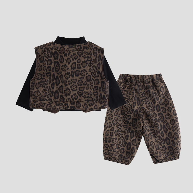 

Girls Boys Two Piece Set Spring Autumn 2026 New Leopard Print Vest Long Pants Casual Simple Fashion Sweet Korean Active Vintage