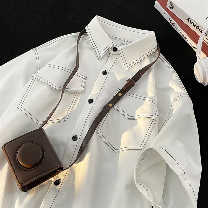 Men's Casual Loose Short Sleeve Shirt with Pocket Summer Fashion Trend BF Style Half Sleeve Outerwear Shirt Youth Popular