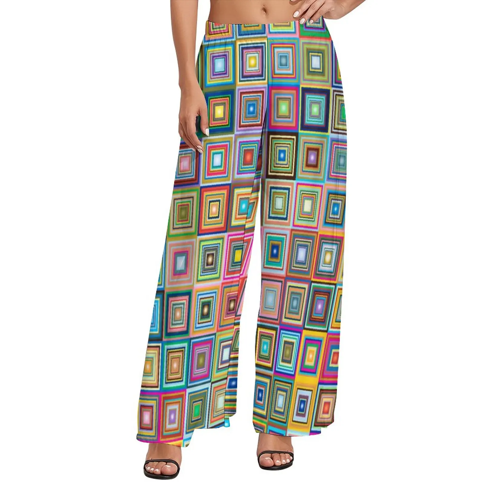 Fun Colorful Patchwork Pants Retro Tiles Print Casual Wide Leg Pants Woman Big Size Beach Graphic Straight Trousers