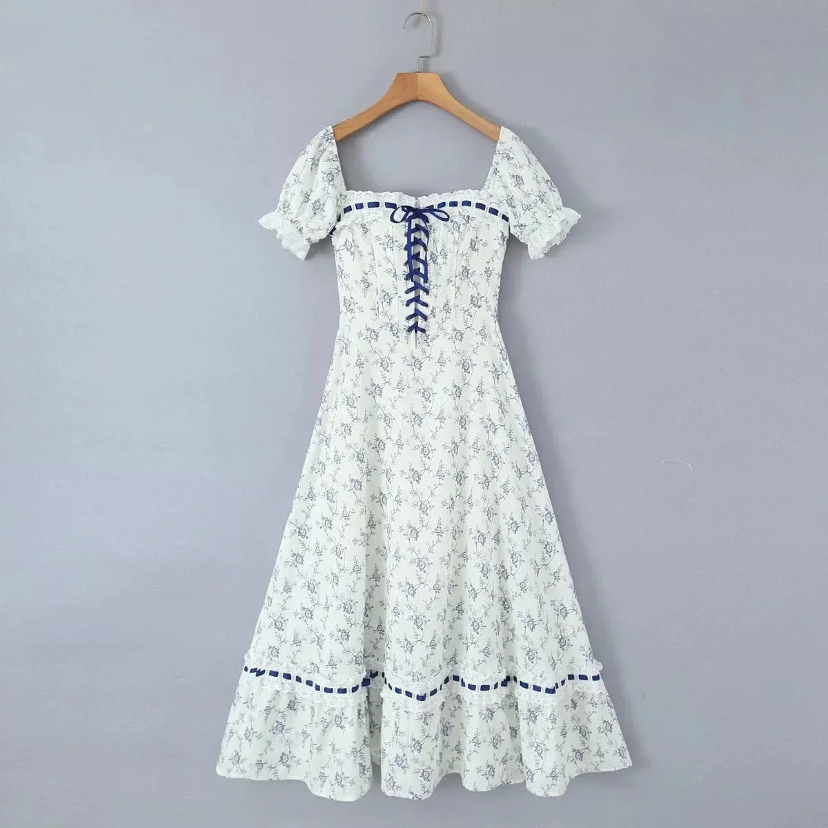 NONSAR French Pastoral Printed Fresh Lacing-up Webbing Dress Women Sweet Gentle Summer Travel Beach Long Victorian Plaid Dress