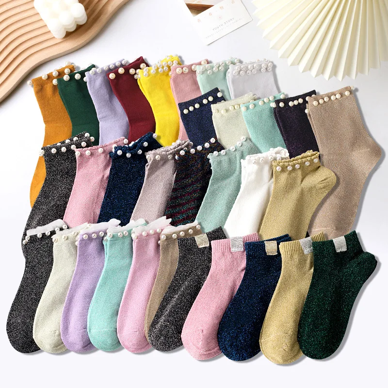 Moda Pérolas Stud Mulheres Algodão Meias Curtas INS Estilo