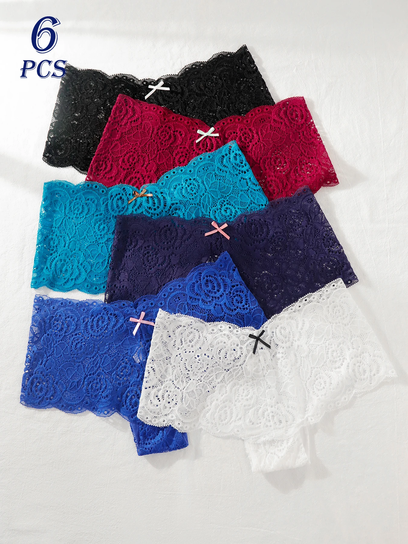6 Pieces panties for women Multi Color Of lace Combination Set With bowknot Decoration Flat Corner Pants,S-3XL Fashionable