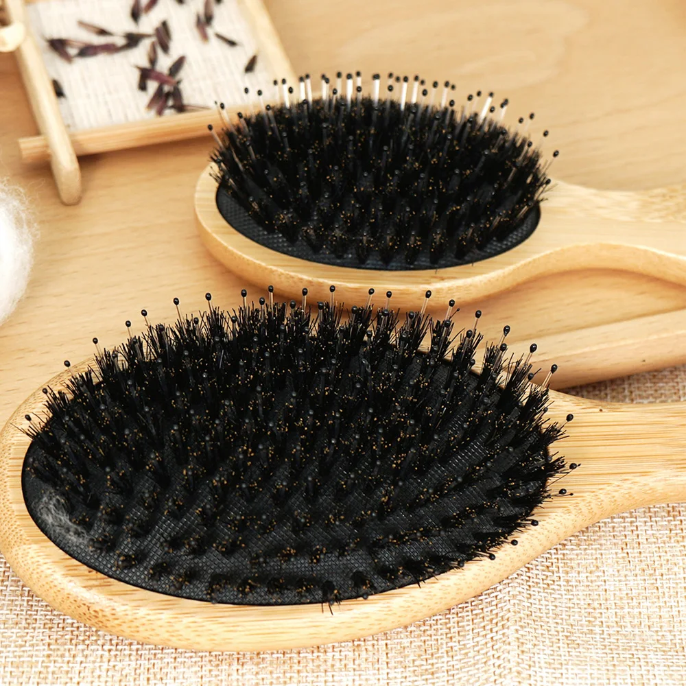 Custom Boar Bristle Natural Bamboo Hair Brush Air Cushion Hairbrush Detangling Scalp Massage Comb Salon Barber Styling Tools image 4