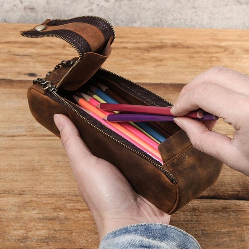

Многофункциональный кожаный карандаш с двойной молнией, винтажный держатель для ручек, школьная стационарная вместительная сумка на молнии, Прямая поставка