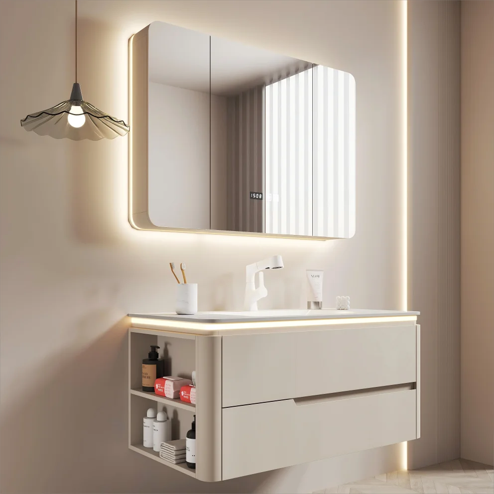

Integrating Smart Mirror Furniture Luxurious PVC Lacquer Bathroom Vanity Cabinet with Ceramic Basin and Sink Classic Stylepromot