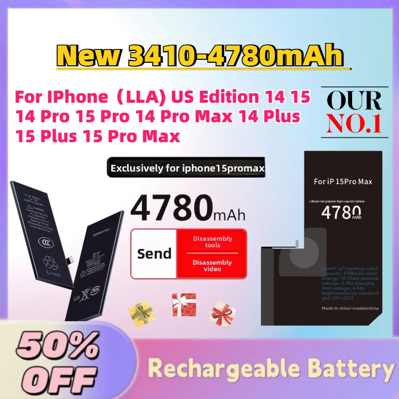 

Large Capacity New 3410-4780mAh Battery for IPhone（LLA) US Edition 14 15 14Pro 15Pro 14 ProMax 14Plus 15Plus 15 ProMax