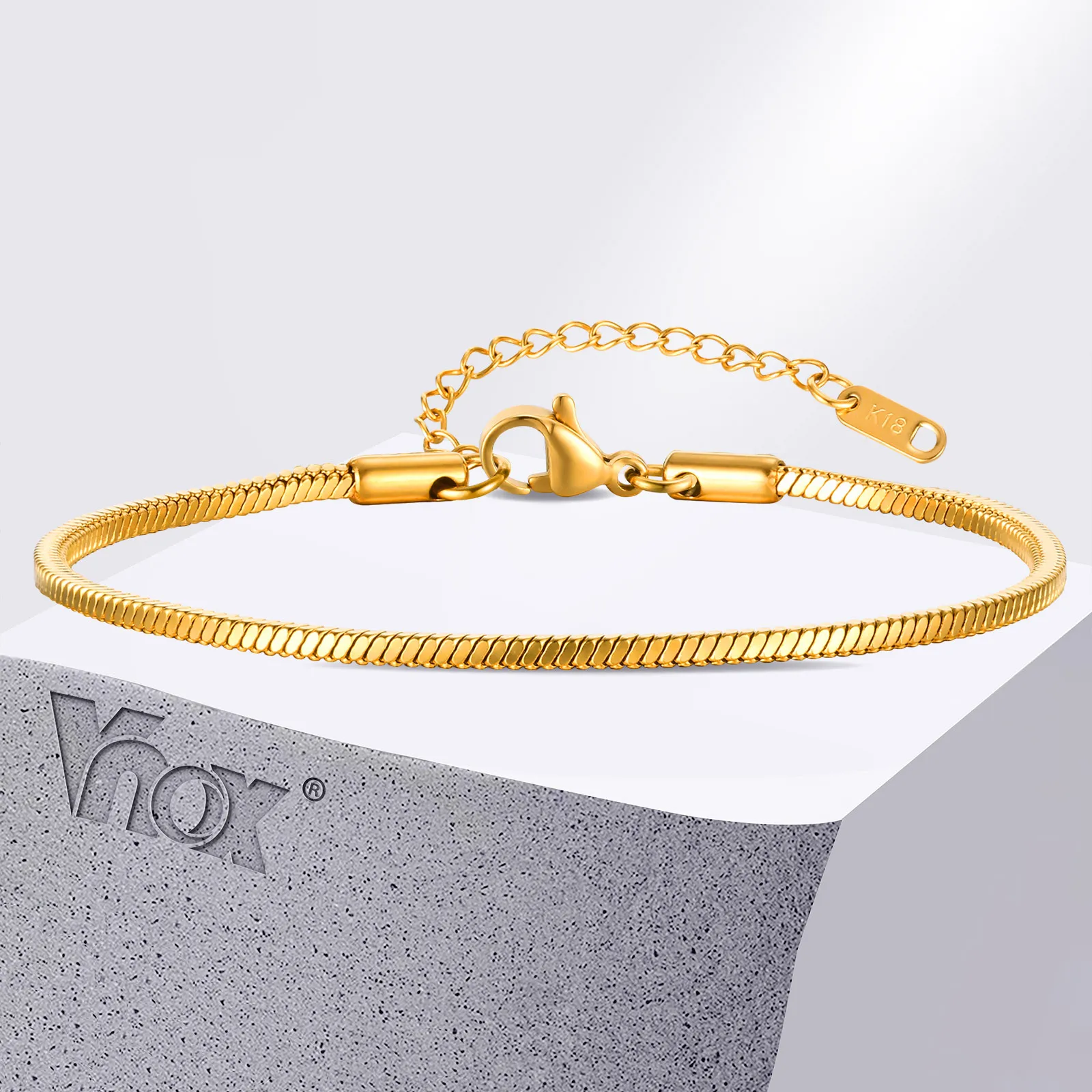 Vnox Square Snake Chain Bracelet For Women, Herringbone Link Bracelet, Stackable Stainless Steel 18kgold Plated Jewelry 1mm-2mm