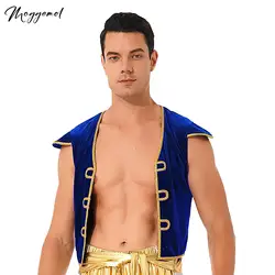 Mens Arabian Prince Costume Cap Sleeve V Neckline Braided Trimming Vest Mythical Aladin Waistcoat for Halloween Party Cosplay