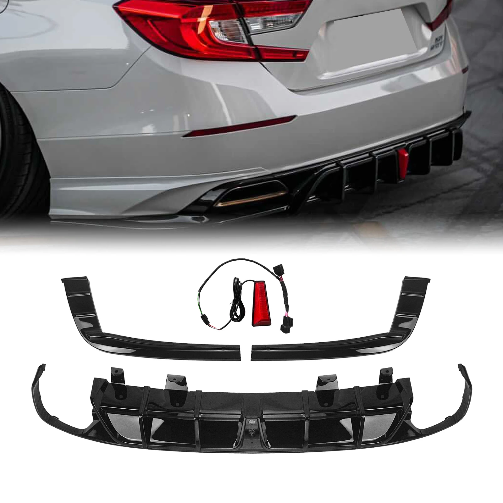 

YOFER Body Kit For Honda Accord 2018-2022 Rear Diffuser Bumper Lip Gloss Black Car Lower Splitter Spoiler Plate+LED Signal Light