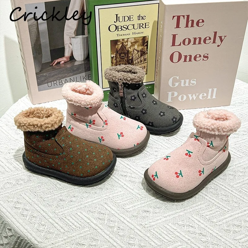 

Winter Dot Cherry Printed Girls Fashion Boots PU Leather Warm Plush Toddler Children Ankle Shoes Zip Soft Non Slip Kids Boots