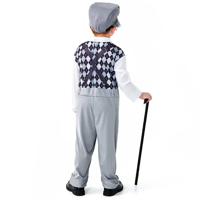 Halloween Cosplay Old Man Costume for Kids 100th Day of School Grandpa Costume Accessories Including Hat Glasses Beard Gangster view 5