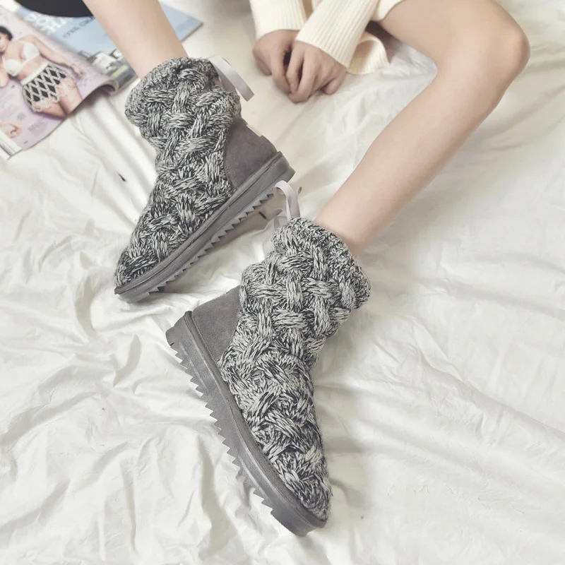 

Korean Style Women's Winter Snow Boots High Tube Knitted Fleece Lined Thickened Anti-slip Grey Cotton Shoes Fashionable