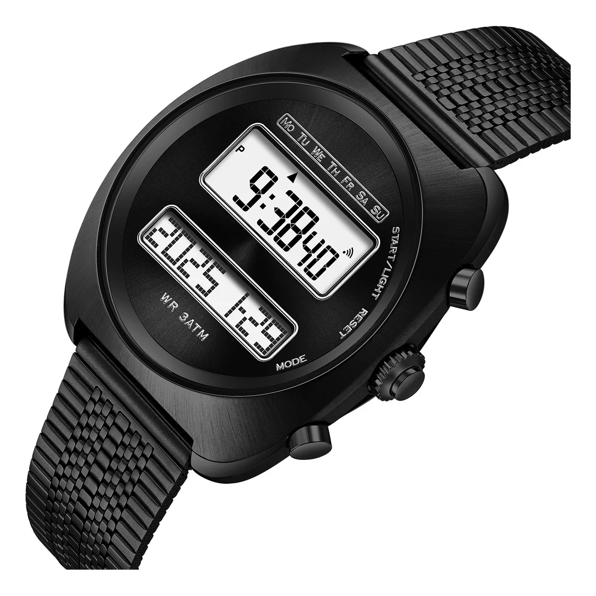 Fashion Quartz Electronic Dual Movement Men's Watch Display Backlight Alarm Unisex Wristwatch with Stainless Steel Strap