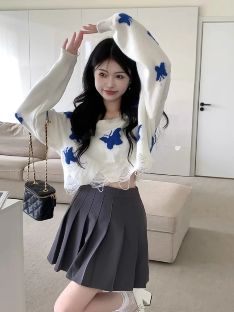 Printed Sweaters Women Contrast Color Frayed Retro Korean Style Cropped Daily Spicy Girls Vitality Knitwear Personality Niche