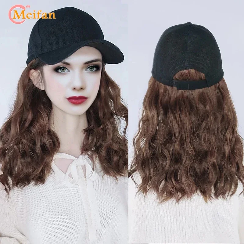 MEIFAN Long Synthetic Fluffy Natural Wave Wavy Curly Hair Wigs with Hat Baseball Cap Naturally Connect Adjustable Hat Wig