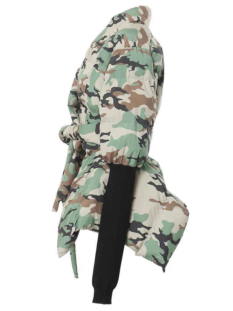 [EAM] Camouflage Knitting Irregular Cotton-padded Coat Long Sleeve Loose Fit Women Parkas Fashion New Autumn Winter 2024 7AB2058