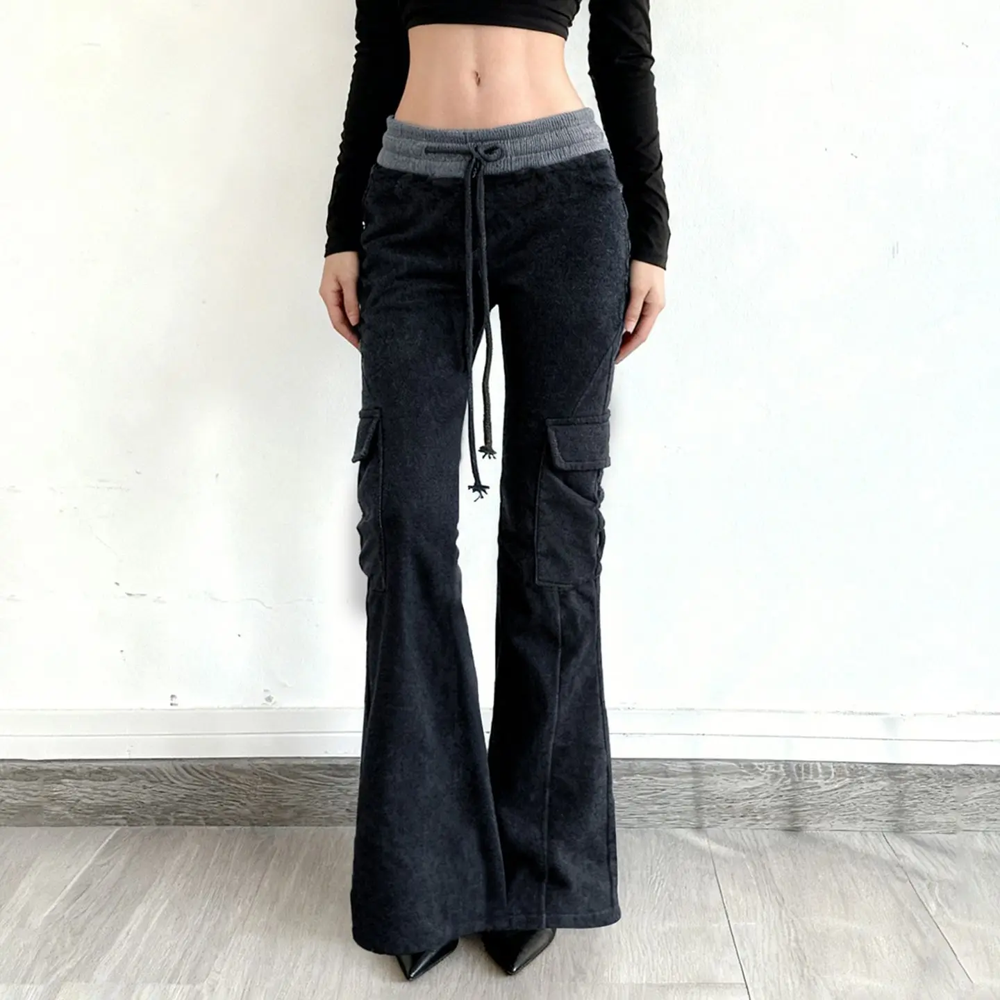 American Street Contrasting Color Pullover Pocket Overalls for Women, Low-waisted Bootcut Pants, Slimming Hot Girl Casual Pants