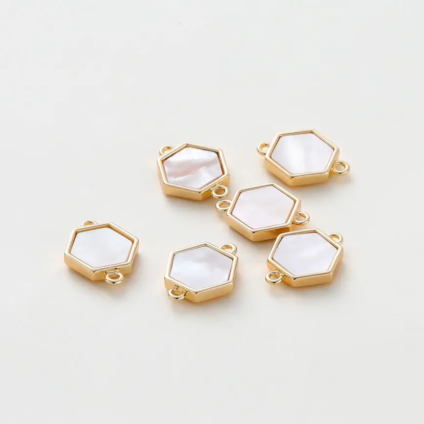 

2pcs/lot 14K Gold Color Plated Hexagon Pendants With Shell Charm Bracelets Pendants Fitting DIY Jewelry Making Components